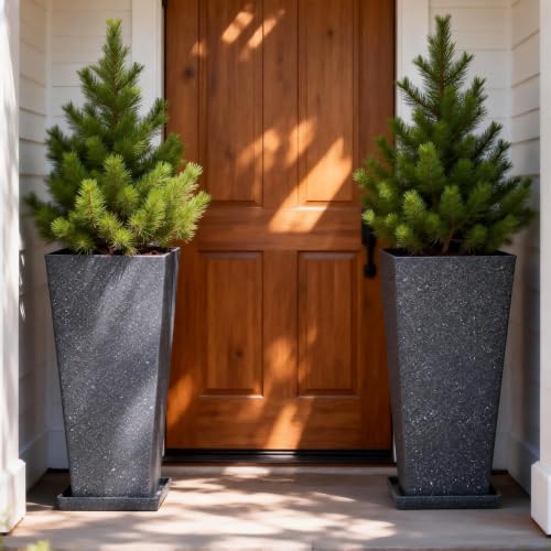 Autodaya 28" Plant Pots Tall Planters for Plants Outdoor Set of 2 with Tray - color: Tall Terrazzo Black-28"