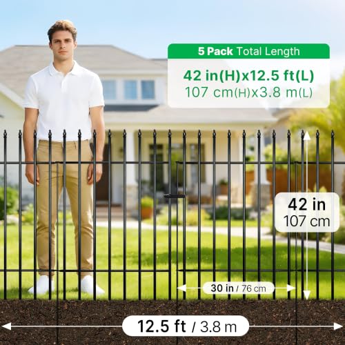 Thealyn 42" H x 12.5 Ft Metal Garden Fence with Gate, 5 Panels - color: Black, size: 42″ H x 12.5 ft (4 Panels + 1 Gate)