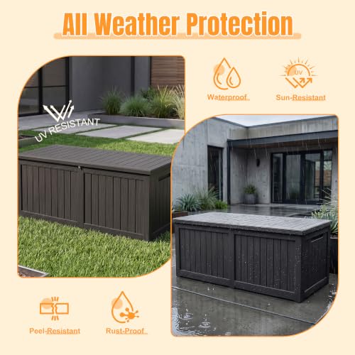 Outdoor Storage Box, 390 Gallon Waterproof Resin Deck Box with Support Rod - color: Black, size: 390 Gal