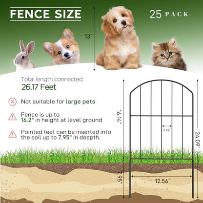 Goovilla Garden Fence, Total 27ft(L) x 24in(H), 25 Pcs, Rustproof Metal - size: Arched