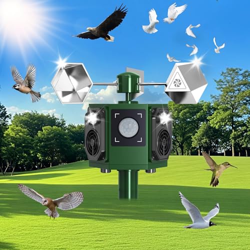 Ultrasonic Bird Repeller Outdoor Solar Pigeon Repellent Device with Motion Sensor & Flashing Lights, Bird Deterrent Reflectors to Keep Birds Crows Sparrows Starlings Away from Patio, Garden & Balcony