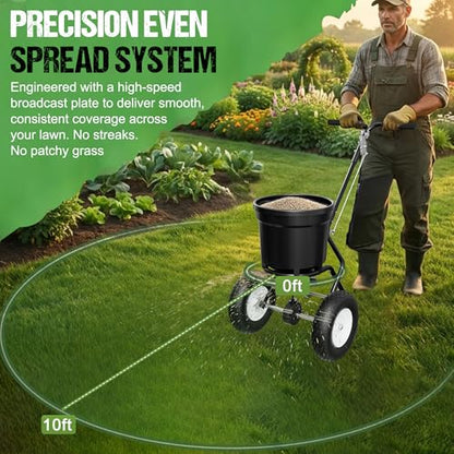 PPOLB Broadcast Spreader for Lawns, 50LB Fertilizer Spreader with 30-Level Flow Control, Walk Behind Lawn Seed & Salt Spreader, 0–10FT Coverage, Hopper Screen, Rain Cover, 12" Pneumatic Wheels - size: 50LBS