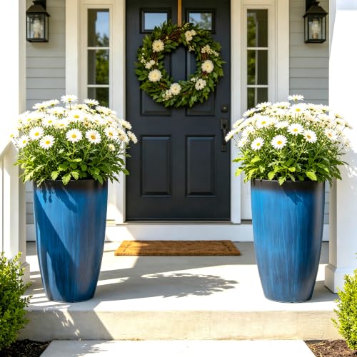 Autodaya 24" Large Tall Outdoor Planters Set of 2, Faux Ceramic Flower Pots - color: 24"h-gradient Cobalt Blue