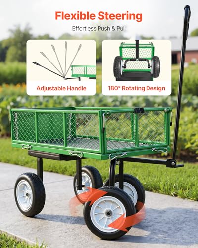 VEVOR 500 LBS Steel Garden Cart with Work Seat, Heavy Duty Garden Wagon Cart on Wheels, Outdoor Metal Utility Yard Wagon Gardening Stool with 10inch Flat Free Tires & Adjustable Handle, Green - color: Green