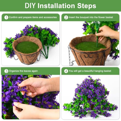 INQCMY Fake Hanging Flowers with Basket Artificial Violet for Outdoor Porch - color: Purple