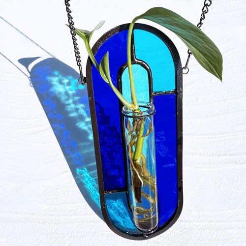 LITMIND Transparent Blue Stained Glass Propagation Station - Handcrafted Suncatcher Hanging Planter with 2 Glass Tubes, Multi-Color Hydroponic Wall Décor for Windows, Home & Garden - color: Style C08 (Blue Ripple)
