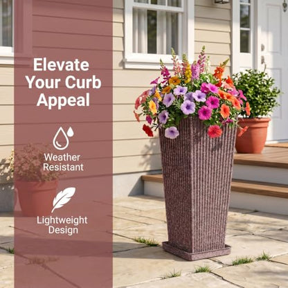 24" Tapered Tall Planters for Outdoor Plants with Tray&Shelf, Brown