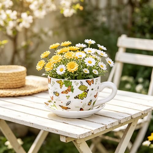Ceramic Teacup Planter Pot with Saucer - 5.9 Inch Coffee Cup Shaped Plant Pot with Drainage Hole Butterfly Insect Pattern Flower Pots for Indoor Outdoor Plants Succulent Orchid Herb Home Garden Decor - color: Butterfly