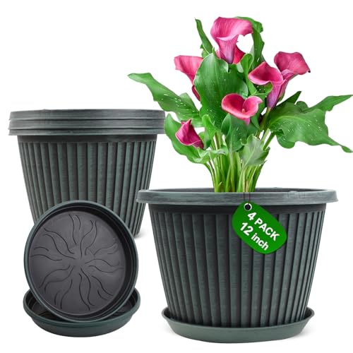 Large-Planter-Indoor-Outdoor Plant Pots, 12 inch 4 Pack Plastic Flower Pots with Saucer And Drainage Holes, Modern Garden Planters For Planting Medium Large Plants, Decorative Resin Garden Pots - color: Blue Green, size: 12 Inch