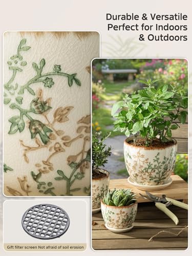 Retro Ceramic Garden Pots, 5.8 Inch Plant Pots with Drainage and Attached Saucer Set of 4, Chinoiserie Floral Large Flower Pots for Home Decor, Plant Lover Gifts, White Green - size: 5.8 inch, set of 4