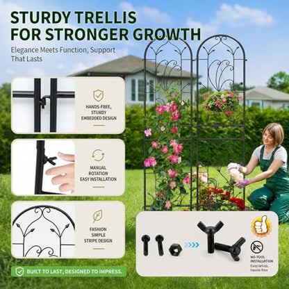 2-Pack 87" x 20" Sunflower Scroll Arch Black Metal Garden Trellises - color: 2 Pack 87"- Sunflower Black