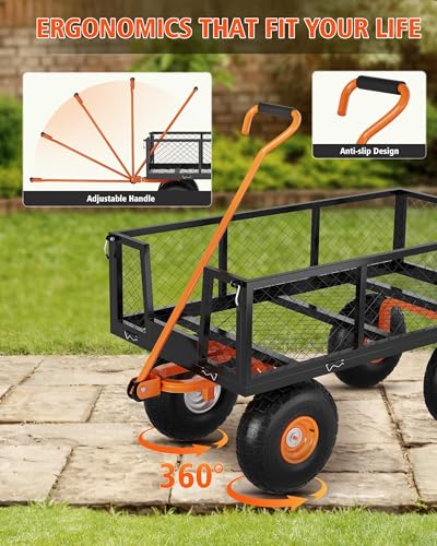 900-LBS Heavy-Duty Steel Garden Cart - Utility Outdoor Wagon with Removable Mesh Sides, Flexible Handle & 10" All-Terrain Tires, Ideal for Yard, Lawn & Garden - size: 900LBS