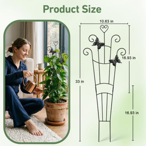 32.6in Plant Trellis for Climbing Plants Indoor with Butterflies, Expandable Large Metal Trellis for Potted Plants, Heavy-Duty Tall Pothos Plant Climber Support for Ivy Pothos Hoya Monstera, 2P - size: 32in/heart,2p