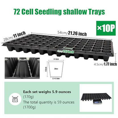 RooTrimmer 72 Cell Seed Trays, Thick Durable 72 Cell Plug Tray Seedling Plastic Nursery Tray for 1020 Flat Germination (10-Pack, 21"×11", 1.81" Height, Low) - color: Black-72c-l, size: 72C-10P