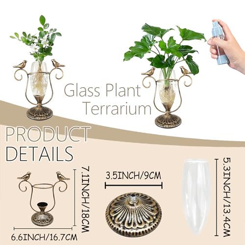 Desktop Glass Propagation Vases, Plant Terrarium with Metal Stand - color: Golden Bird, size: 7.1"×6.6"