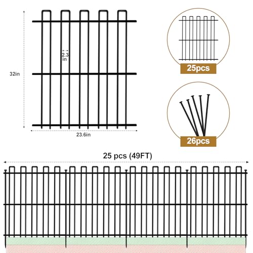 25 Panels No Dig Animal Barrier Fence, 32in(H) x 49ft(L) Garden Edging Border Fencing, Rustproof Metal Stakes Decorative Garden Fence, Dog Digging Defense Fencing Barrier for Outdoor, Yard, Patio - size: 25 Panels, 32in(H) x 49ft(L)