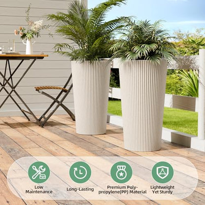 24" Tall Round Planters for Outdoor Plants Fluted Finishes - Beige - color: Beige