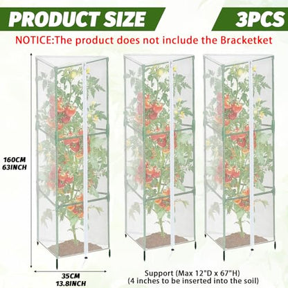 3 Pcs Garden Bird Barrier Tent Plant Cover 63" x 13.8" - Fit Triangular Support (Max 12" D x 67" H) Tomato Cage Net with Zipper & Drawstring Foldable Trellis Cover for Protecting Plant - size: 63" x 13.8"