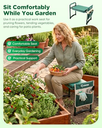 Saker Garden Kneeler and Seat-Garden Kneeler Gardening Bench Garden Stool with Heavy Duty 400LB Support, Foldable Garden Seat for Planting Weeding,Practical Gardening Accessories for Seniors