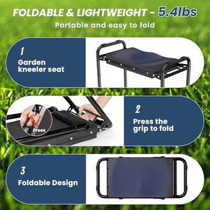 VOPEAK Garden Kneeler and Seat Heavy Duty, Foldable Garden Stool with Upgraded Widened Thick Kneeling Pad, Stable Garden Kneeler with 2 Large Tool Bags, Gardening Gifts for Women, Men, Seniors, Blue