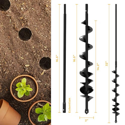 Auger Drill Bit for Planting 2x32'' - with Extension -3/8'' Hex Drive Drill - size: 2" x 32"