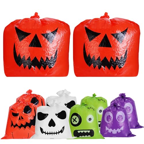 Halloween Pumpkin Leaf Bags, 10 Pcs Large Reusable Plastic Yard Trash Bags with Twist Ties for Fall Porch Decorations, Garden Waste & Outdoor Halloween Decorations