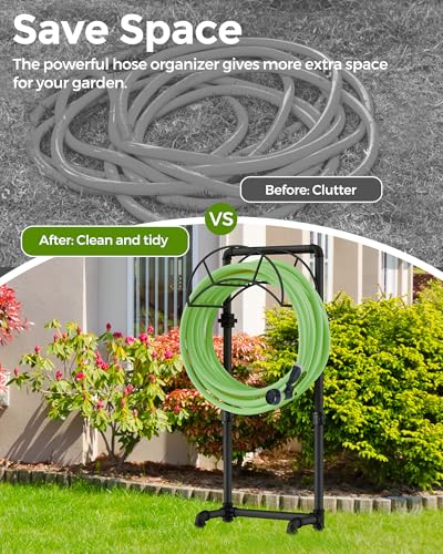 LAND·VOI Freestanding Garden Water Hose Storage Holder Stand for Outside, 160-Ft Hose Heavy Duty Metal Hanger Reel Organizer Outdoor Yard Lawn, Standing Keeper Rack with Ground Stake, Black GHH02B - size: 4 Spikes