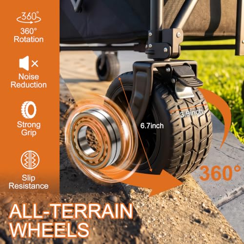 48.4" Extra Long Folding Wagon, 560 LBS Heavy Duty Collapsible Wagon Cart with 6.7" All-Terrain Wheels, 24.4" Wide Utility Wagon for Beach, Camping, Garden, Sports & Outdoor Gear