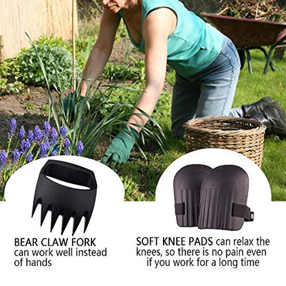 2Pcs Manual Cultivator Claw Held Garden Paw Tools Ergonomic Hand Tiller Rake for Lawn Care Aerating&Planting&Cultivating&Weeding with 2 Knee Pads Free