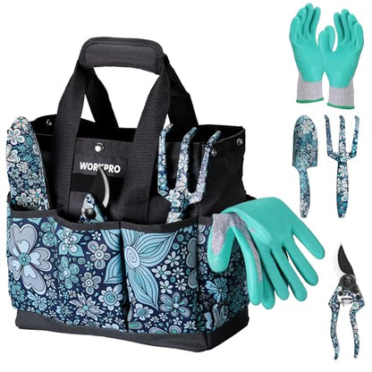WORKPRO 5PCS Garden Tool Set, Aluminum Heavy Duty Gardening Tool Set - style: Blue flower with bag