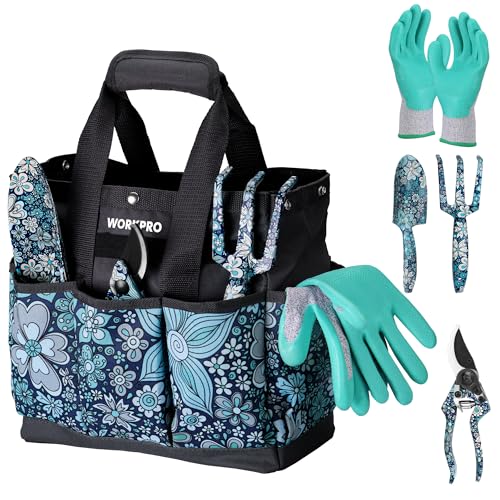 WORKPRO 5PCS Garden Tool Set, Aluminum Heavy Duty Gardening Tool Set - style: Blue flower with bag