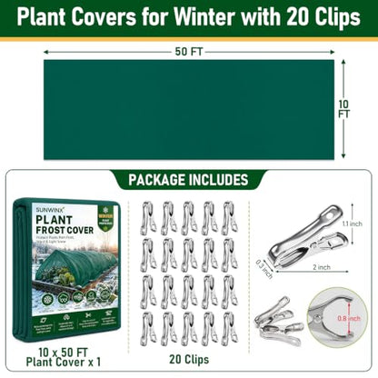 10x50FT Plant Covers Freeze Protection, Frost Cloth with 20 Clips - color: Green-10*50FT