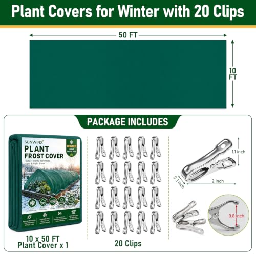 10x50FT Plant Covers Freeze Protection, Frost Cloth with 20 Clips - color: Green-10*50FT