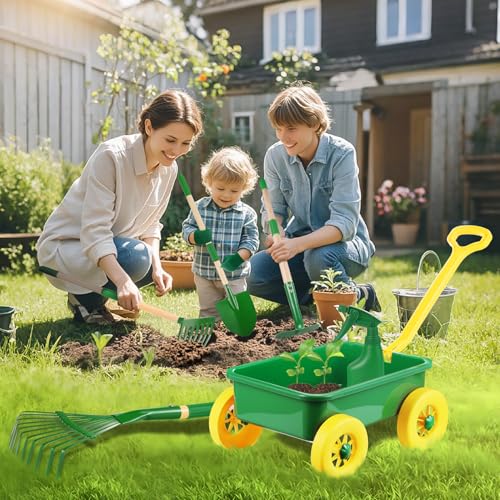 Duckura Kids Wheelbarrow Set, Kids Gardening Tools Set with Real Shovel, Rake, Hoe and Leaf Rake for Outdoor Backyard Play, Educational Toys Birthday Gift for Toddler Boys & Girls Ages 3 4 5 - color: Green&Yellow-8pcs