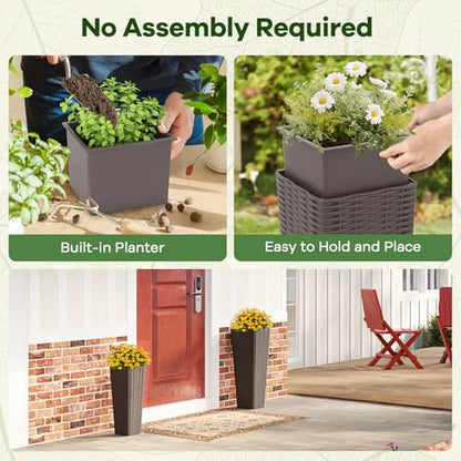 HAPPYGRILL Rattan Tall Planter Set of 2 with Removable Inner Trays - color: Brown