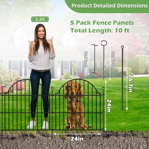 5 Panels No Dig Decorative Small Garden Fence with Gate, 24in (H) x10ft(L) - color: Black, size: 24 in(H)