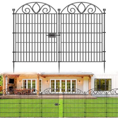 No Dig Garden Fence Outdoor for Yard, 10 Panels with Gate - size: 34 in(H) X 22 ft(L)