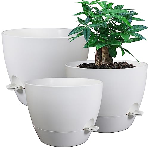 UOUZ Large Self Watering Pots, 12/10/9 Plastic Planters with High Drainage Holes and Deep Reservoir for Indoor Outdoor Garden Plants and Flowers, White - color: White