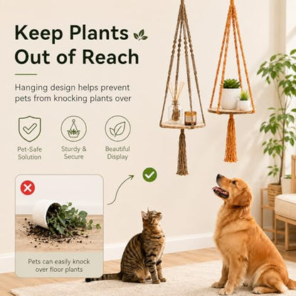 Macrame Hanging Planter with Shelf, Boho Plant Hanger for Indoor Window - color: Beige + Khaki + Orange