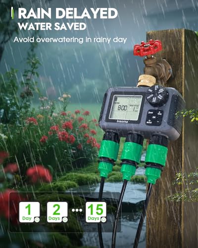 Insoma 3-Zone Sprinkler Timer with Brass Inlet + IPX5 Waterproof | Programmable Auto/Manual Irrigation Mode with Rain Delay & Large LCD | Water Hose Timer 3 Outlets for Garden, Lawn, Yard, Pool - size: 3 Zone-Brass Inlet