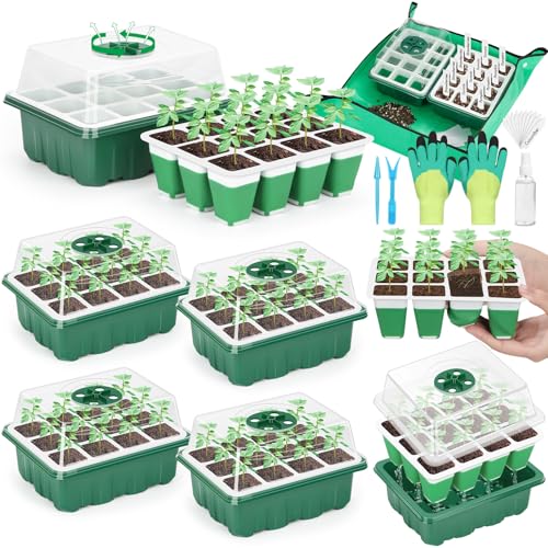 Reusable Silicone Seed Starter Tray, 60 Cells Seed Starter Kit with Humidity Adjustable Dome and Lid, Plant Germination Trays with Repotting Mat 5 Packs Germination Kit for Seeds Grow Starting
