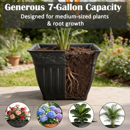 4-Pack 14 Inch Large Square Planters, Embossed Leaf Pattern, Black - color: Black, size: 4P-14 INCH