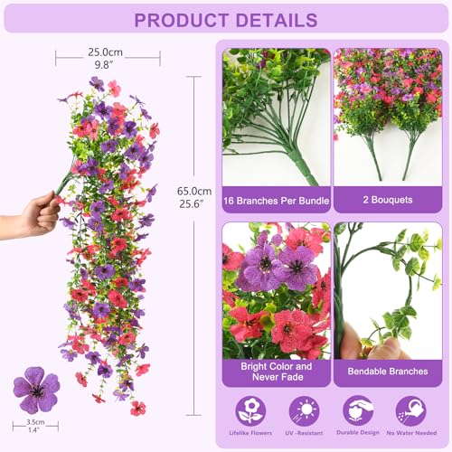 Hommyea Artificial Fake Fall Flowers Plants for Outdoors Mums Home Decor - color: Purple Hot Pink
