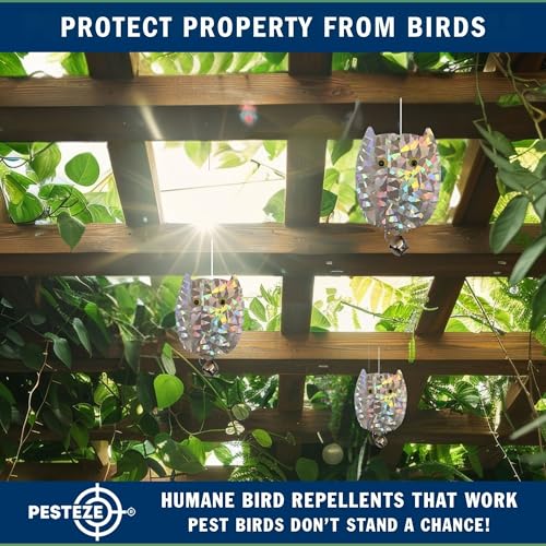 PESTEZE USA Owl Bird Deterrent Reflective Hanging Decoy Repellent with Bell, 4 Pack 3.5 x 5 in Shiny Scare Device Keep Birds Away Outdoor Porch Garden Yard Patio Protect Property