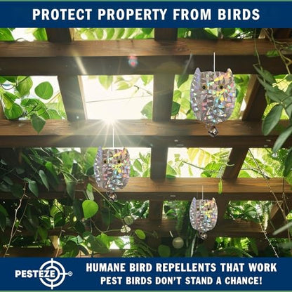 PESTEZE USA Owl Bird Deterrent Reflective Hanging Decoy Repellent with Bell, 4 Pack 3.5 x 5 in Shiny Scare Device Keep Birds Away Outdoor Porch Garden Yard Patio Protect Property