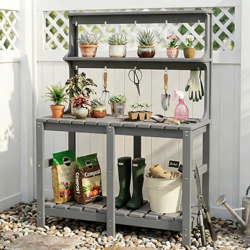 Outdoor Potting Bench with 3 Tier, All-Weather Patio Potting Table with Tool Hooks, HDPE Gardening Table for Backyard, Garden, Grey - color: Gray