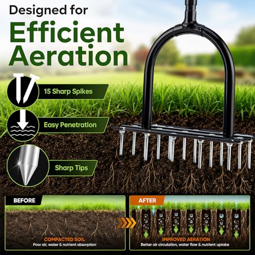 Lawn Aerator - 2-in-1 Manual Aerator with Automatic Dirt and Leaf Clean, Heavy-Duty Reinforced 15 Spikes & Ergonomic T-Handle for Lawn Maintenance, Garden Care, Yard Work (Black)