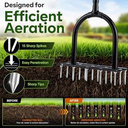 Lawn Aerator - 2-in-1 Manual Aerator with Automatic Dirt and Leaf Clean, Heavy-Duty Reinforced 15 Spikes & Ergonomic T-Handle for Lawn Maintenance, Garden Care, Yard Work (Black)