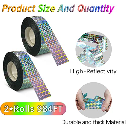 Benasan [984FT] Effective Birds Scare Reflective Ribbon Reflectors,Dual-Sided Flashing Streamers to Keep Pigeons, Hawks, Woodpeckers, Geeses Away from Trees Plants Crops Garden Porch,2*Rolls - size: 2*Rolls,984 FT