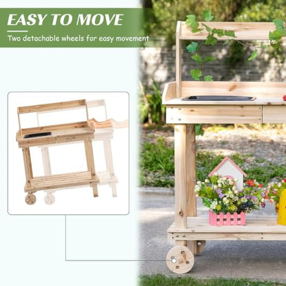 36" Wooden Potting Bench Work Table with Wheels, Removable Sink, Drawer, Shelves & Garden Storage Workstation (Natural Wood) - color: Natural Wood